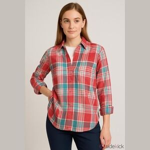 Kim Rogers 100% Linen Red White & Teal Relaxed Roll Sleeve Top Sz Medium